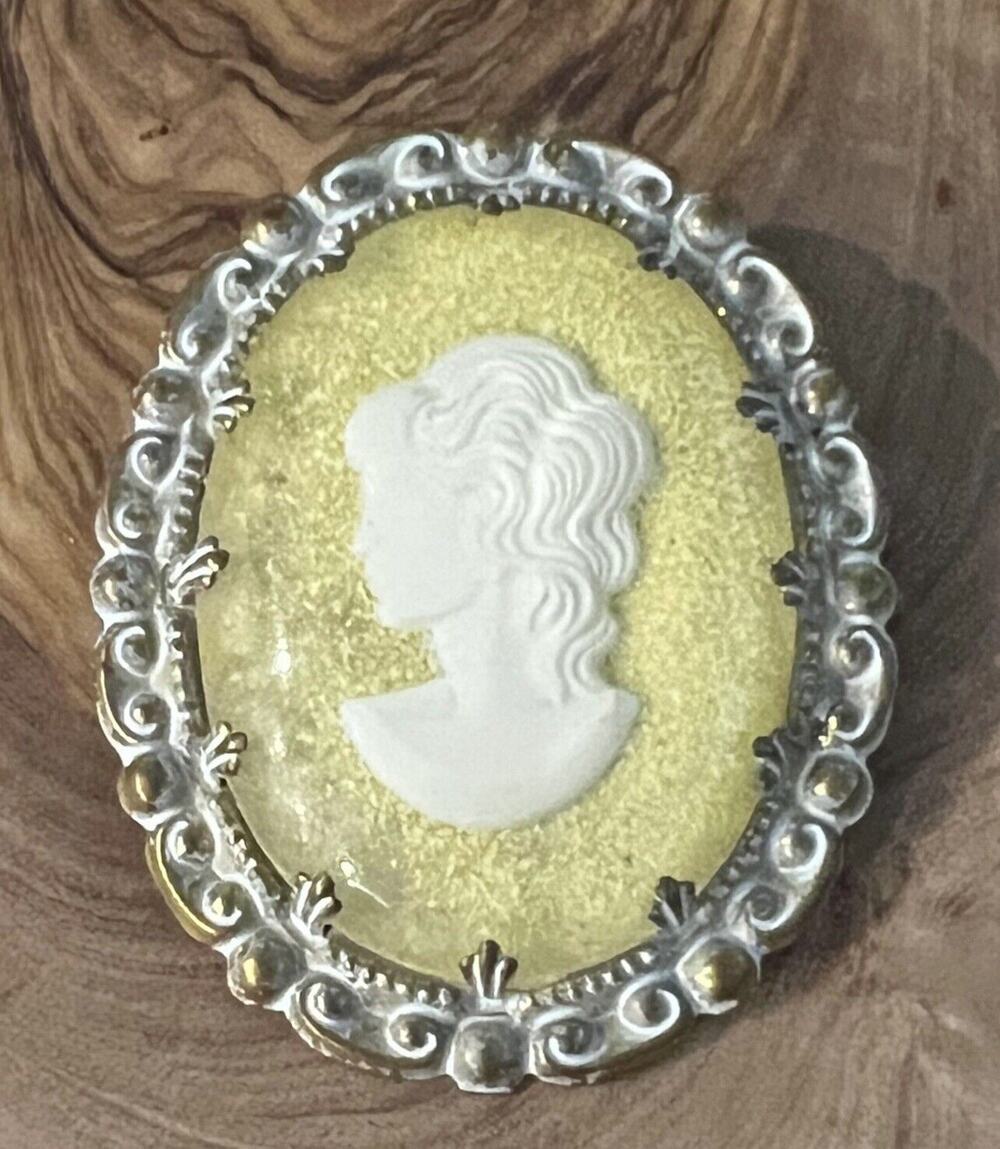 Vintage West Germany Signed Yellow White Cameo Art Brooch Pin
